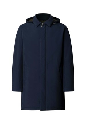 Mornarska vodootporna jakna s kapuljačom, prednjim zakopčavanjem na dugmad, bočnim džepovima i ravnim siluetom. Glatka tekstura s minimalnim detaljima.