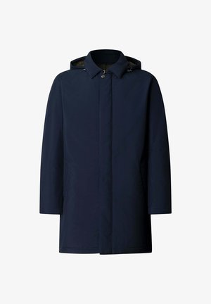 Cappotto impermeabile blu con cappuccio, chiusura frontale a pressione, tasche laterali e silhouette dritta. Texture liscia con dettagli minimi.