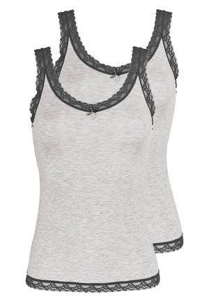 Two gray sleeveless women's tops with black lace trim on neckline, straps, and hem, each featuring a small central bow detail.