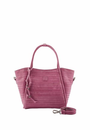 Sac fourre-tout en daim rose avec coutures horizontales, doubles poignées, nœuds décoratifs et bandoulière amovible avec fermoir métallique.