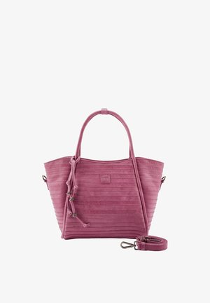 Rosa Wildleder-Shopper mit horizontalen Steppnähten, zwei Griffen, dekorativen Knoten und abnehmbarem Schulterriemen mit Metallverschluss.