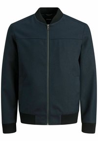 Tmavě modrá bomber bunda vyrobená z texturované látky s plným předním zipem, žebrovaným límcem a manžetami. Má jednoduchý, čistý design.