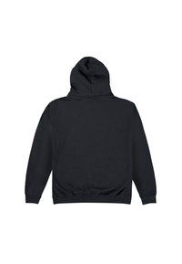 Černá mikina s dlouhými rukávy, elastickým pasem a manžetami, zobrazena zezadu s kapucí nahoře.