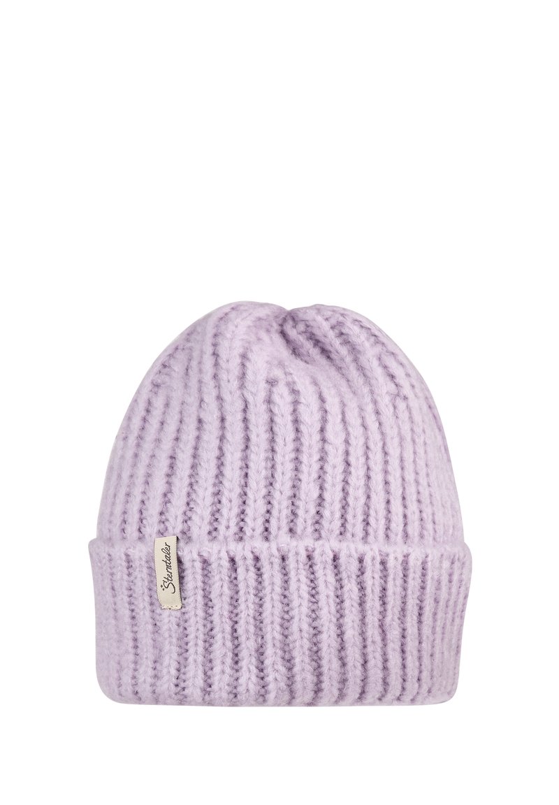 Lavender knit beanie with a ribbed texture and a rolled cuff. Features a small fabric tag attached to the side. Soft wool blend material.