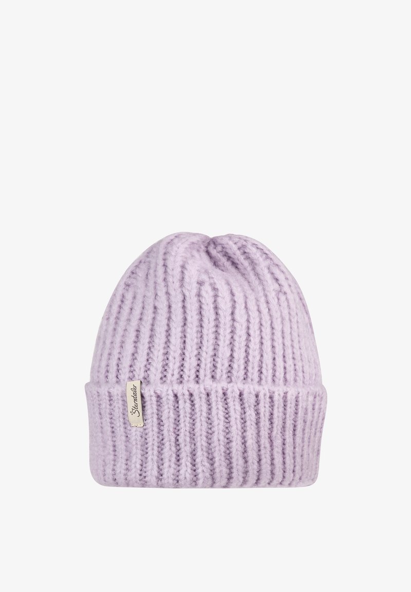 Lavender knit beanie with a ribbed texture and a rolled cuff. Features a small fabric tag attached to the side. Soft wool blend material.
