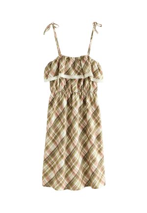 Ruudullinen mekko, jossa on vaaleanpunaisia, vihreitä ja valkoisia kuvioita, frilla ylhäällä, säädettävät olkainhihnat ja elastinen vyötärö. Puuvillakangasta.