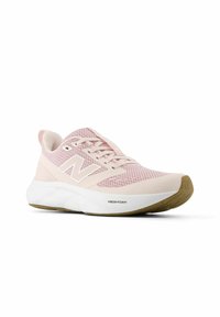 Light pink athletic shoe with a mesh upper, white accents, cushioned white midsole, and a textured rubber outsole. Features prominent 'N' logo.