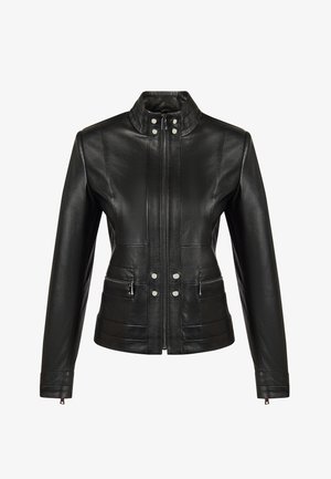 Black fitted leather jacket with stand collar, front zipper, snap buttons, and zippered side pockets.