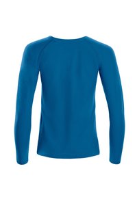 Niebieska koszula z długim rękawem, widziana od tyłu, z okrągłym dekoltem i szwami w stylu raglan na białym tle.