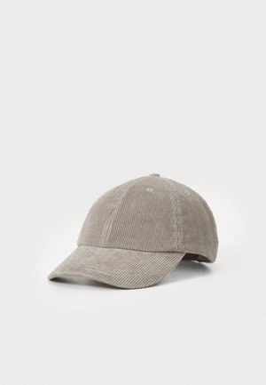 Gray corduroy baseball cap with a curved brim, six-panel design, and subtle stitching details on the crown. Soft texture.