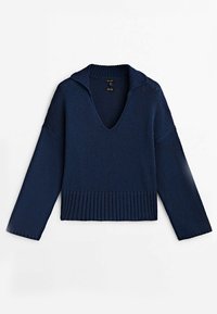 Dunkelblauer gestrickter Pullover mit V-Ausschnitt, weiten Ärmeln und geripptem Saum. Verfügt über ein strukturiertes Muster und ein lässiges Design.