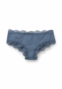 Modré kalhotky s krajkovým okrajem, s hladkým tělem a vroubkovanými okraji. Krajka má květinový vzor, což vytváří jemný kontrast.