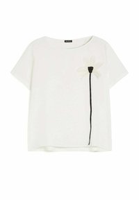 T-shirt bianco a maniche corte con scollatura rotonda, caratterizzato da un motivo di fiori neri e un design del gambo sulla parte anteriore. Tessuto morbido e vestibilità casual.
