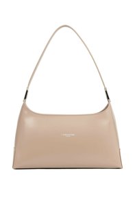 Borsa a tracolla in pelle beige con una texture liscia, una forma arrotondata e un logo argento sulla parte anteriore; presenta un manico sottile e curvo.