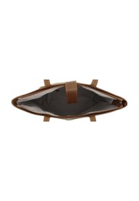 Sac fourre-tout en cuir marron ouvert, montrant une doublure intérieure rayée grise et blanche ainsi qu'une sangle centrale en cuir avec fermeture Velcro.