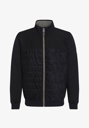 Heren zip-up jack in marineblauw, met een textuur gebreid bovenstuk en een gewatteerd onderstuk. Ribgebreide manchetten en kraag, met contrasterende ritsdetails.