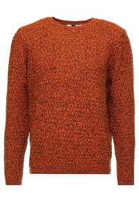 Pull en maille orange avec un motif texturé, col rond et manches longues. Comprend un ourlet et des poignets côtelés.