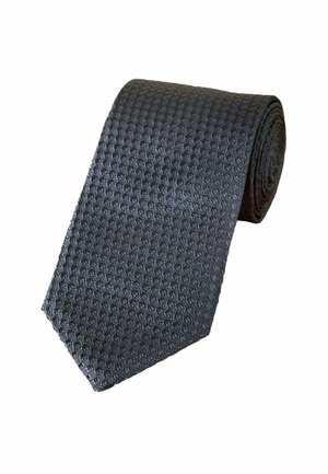 Strukturierte, dunkelgraue Krawatte mit einem gewebten Muster, spitzem Ende und gewellter Form, aus einem unbekannten Stoffmaterial gefertigt.