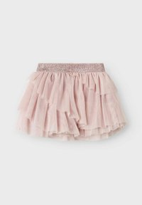 Jupe en tulle rose avec des volants superposés et une taille pailletée. Texture douce ; conception légère et volumineuse pour un look ludique.