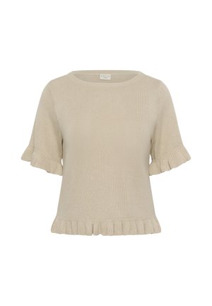 Bézs színű, rövid ujjú kötött felső, kerek nyakkivágással és fodros szegélyekkel az ujjakon és az alsó élén, Kaffe márkajelzéssel.