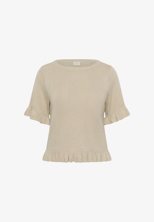 Bézs színű, rövid ujjú kötött felső, kerek nyakkivágással és fodros szegélyekkel az ujjakon és az alsó élén, Kaffe márkajelzéssel.