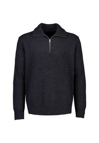 Ciemnoszara sweter dzianinowy z zamkiem błyskawicznym w kołnierzu, długimi rękawami, ściągaczami przy mankietach i u dołu, wykonany z miękkiego, strukturalnego materiału.