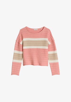Langarmstrickpullover mit rosa, weißen und beigen horizontalen Streifen und rundem Ausschnitt.