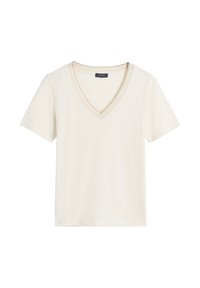 Koszulka z krótkim rękawem w kształcie litery V, wykonana z lekkiego, miękkiego materiału. Kolor to łososiowy z kontrastowym beżowym wykończeniem przy dekolcie.