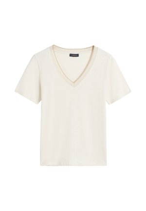 V-hals t-shirt met korte mouwen, gemaakt van lichtgewicht, zachte stof. De kleur is gebroken wit met een contrasterende beige bies langs de halslijn.