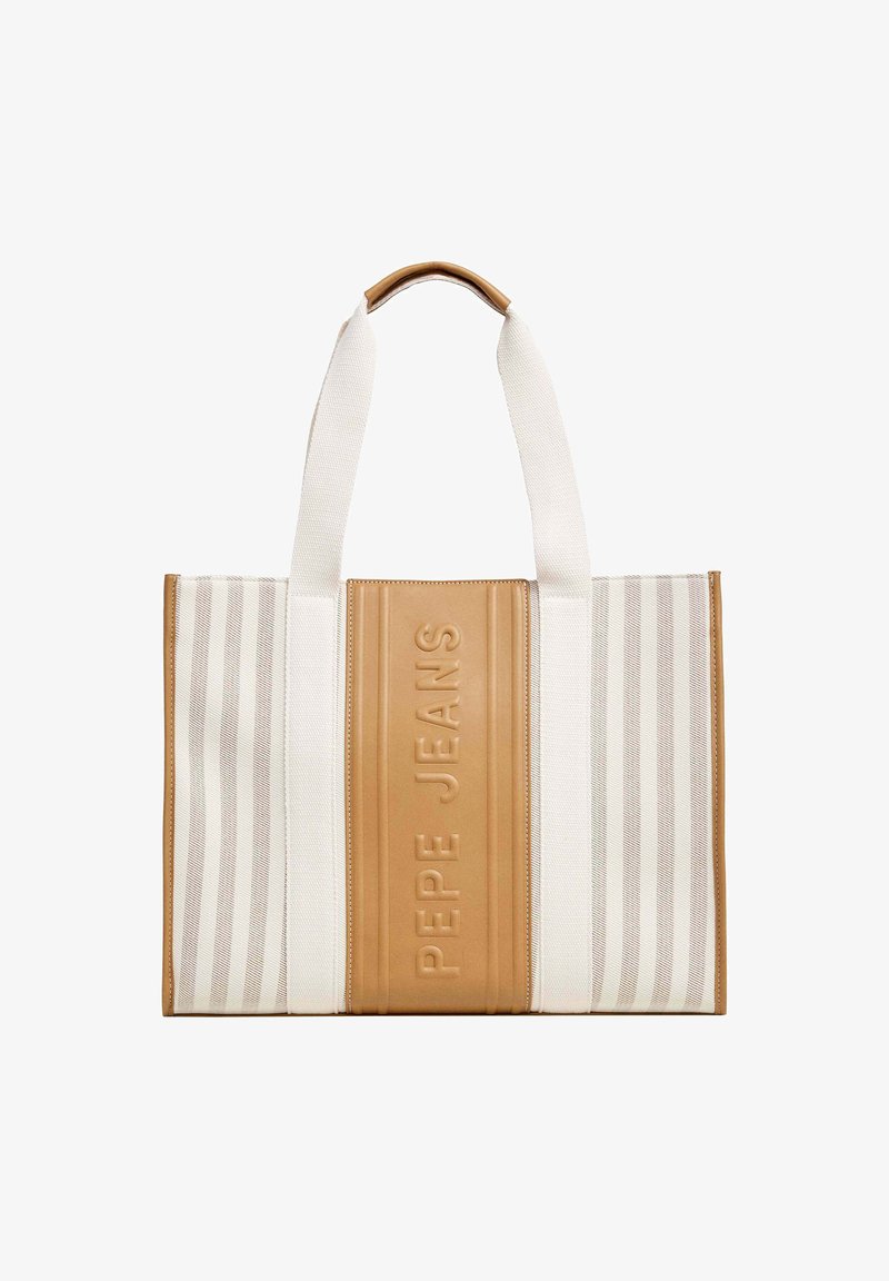 Sac en toile rayé beige et crème avec un logo "PEPE JEANS" embossé. Comprend des poignées en toile solides et une forme rectangulaire structurée.