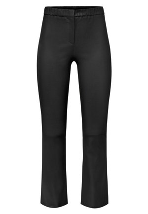 Zwarte neplederen broek met een elastische tailleband, slim fit, halflang tot de kuiten, met een vlakke voorkant en een zijdezachte textuur.