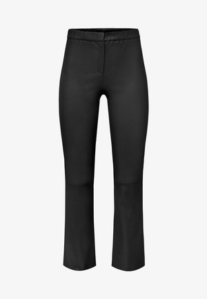 Schwarze Kunstlederhosen mit elastischem Bund, schlanker Schnitt, knielang, mit einem flachen Frontpanel und glatter Textur.