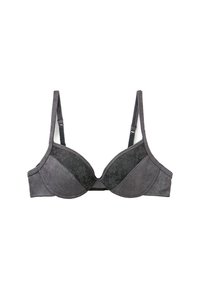 Soutien-gorge gris avec bonnets moulés, superposition en dentelle au centre, bretelles réglables et panneaux en tissu lisse. Dispose d'une fermeture à crochets et œillets à l'arrière.