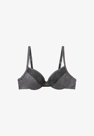 Grauer BH mit formgepressten Cups, Spitzenoverlay in der Mitte, verstellbaren Trägern und glatten Stoffpaneelen. Mit einem Haken- und Ösenverschluss auf der Rückseite.