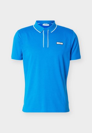 Blue short-sleeve polo shirt with white trim on collar and sleeves, buttoned placket, and small Calvin Klein logo badge on the chest.