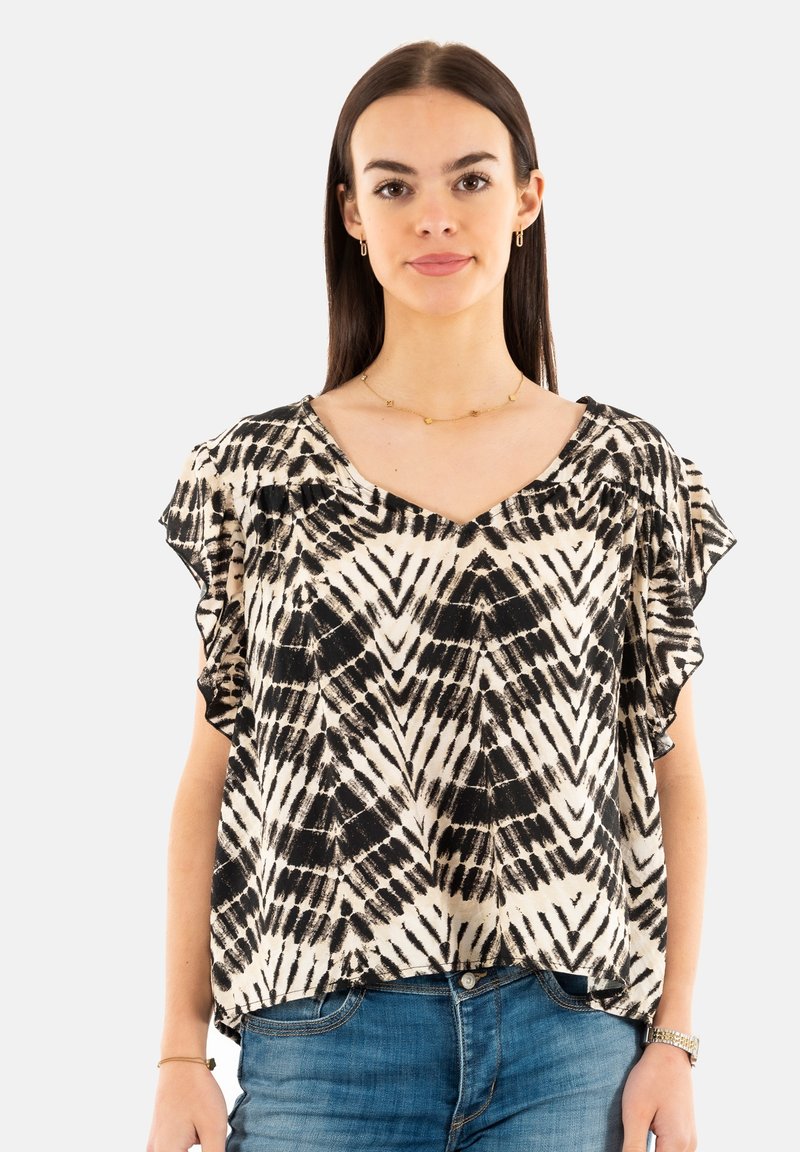 Blusa ampia in un motivo tie-dye nero e crema, con maniche corte a volant e scollatura a V.