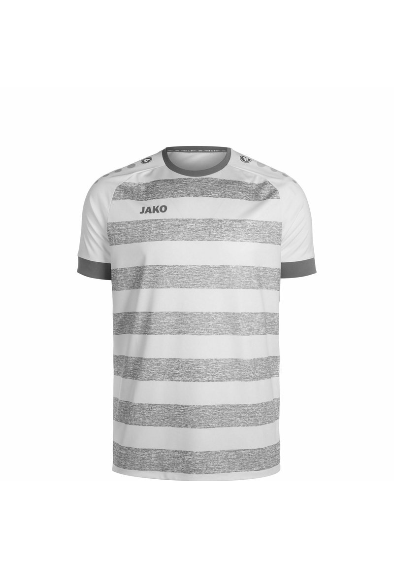 Maglietta a maniche corte bianca con righe orizzontali grigie. Collo rotondo e dettagli grigi sulle maniche. Logo "JAKO" visibile sul davanti.