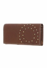Brown leather wallet with embossed circular patterns and metal studs. Contrast stitching along the edges. Compact, rectangular design.