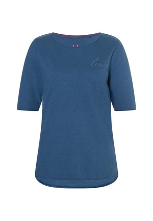 Blue short-sleeve shirt with rounded neckline, small embroidered "love" and heart on upper left chest, and slightly curved hem.