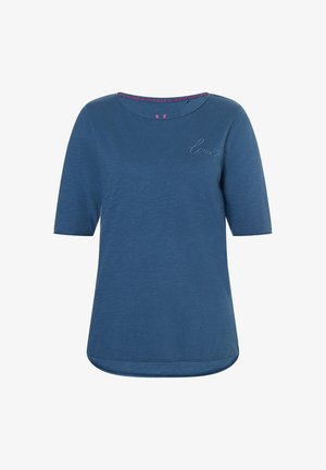 Blaues Kurzarmhemd mit rundem Ausschnitt, kleinem gesticktem Schriftzug "Liebe" und Herz auf der oberen linken Brust sowie leicht abgerundetem Saum.