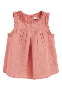 Robe sans manches rose pour tout-petit avec un motif en grille argenté, encolure et emmanchures volantes, et détail de pli à l'avant.