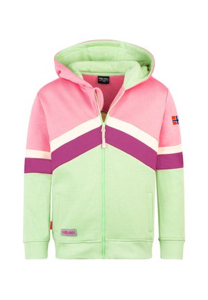 Children's zip-up hoodie with pink, purple, and light green color blocks, front pockets, and a Norwegian flag patch on the sleeve.