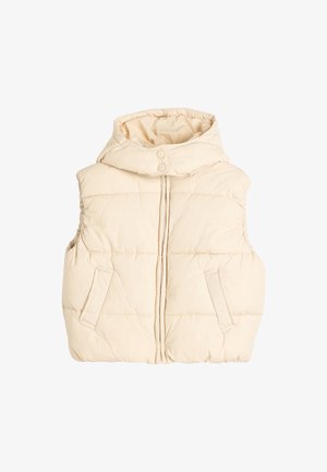 Gewatteerd vest in lichtbeige, voorzien van een capuchon, een ritssluiting aan de voorkant en twee zijzakken. Gestructureerde stof met horizontale stiknaden.