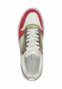 White leather sneaker with red and green suede accents, metallic silver detailing, white laces, and textured inner lining.