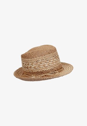 Cappello di paglia con una larga tesa, di colore beige naturale, con un design intrecciato testurizzato e un nastro decorativo attorno alla corona.