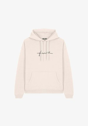 Felpa color beige chiaro con cappuccio regolabile, tasca frontale, polsini a coste e una grafica nera in corsivo con la scritta "faith" sul petto.