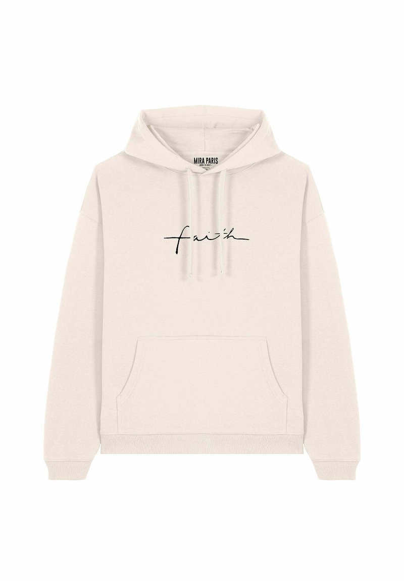 Felpa color beige chiaro con cappuccio regolabile, tasca frontale, polsini a coste e una grafica nera in corsivo con la scritta "faith" sul petto.