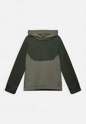 Tweekleurige donkergroene capuchontrui met lange mouwen en een klein logo-label aan de onderzoom.