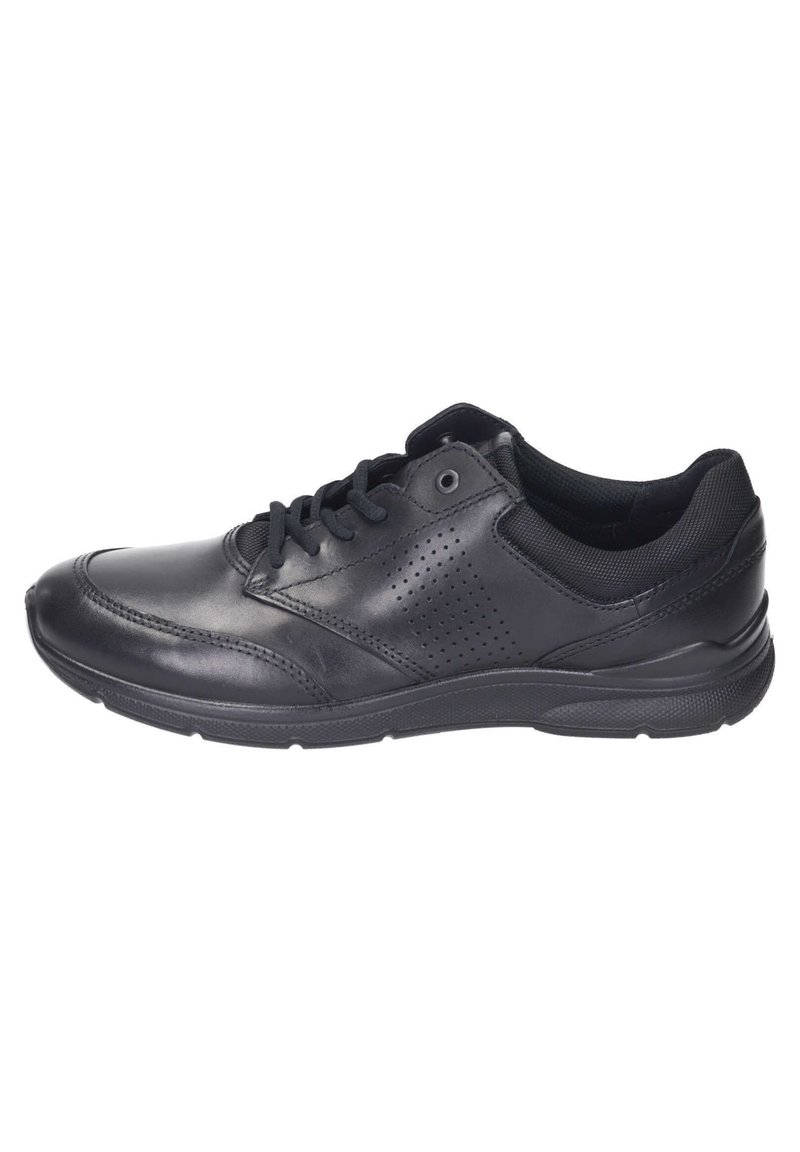 Black athletic shoes feature smooth leather and mesh construction, rounded toe, lace-up closure, and perforated accents on the side.