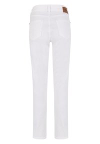 Witte denim jeans met een recht ontwerp, voorzien van twee achterzakken en een bruine leren patch op de tailleband.